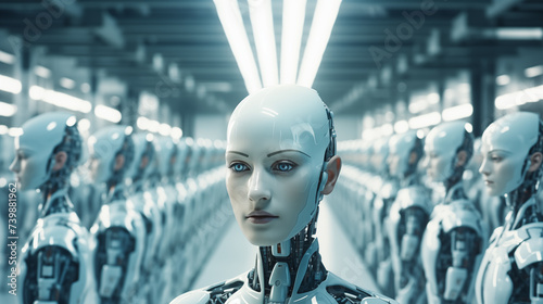 Close-up female android with identical robots behind portrait image. Humanoid series photography shot. Tech innovation closeup picture. Electronics artificial intelligence concept photo