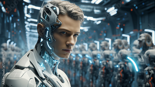 Futuristic humanoid robot with blue-hued illumination portrait image. Army of identical androids closeup picture photorealistic. Electronics artificial intelligence concept photo