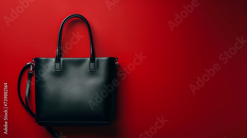 A sleek black leather handbag on a vibrant red background, offering a striking contrast with ample copy space. 4K,