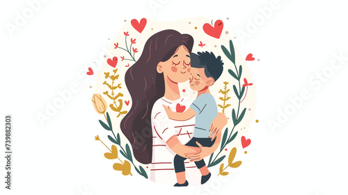Vector Young mother holds her son with care and love
