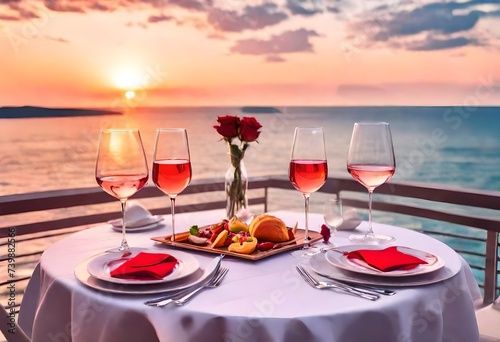 Summer love. Romantic sunset dinner on the beach. Table honeymoon set for two with luxurious food, glasses of rose wine drinks in a restaurant with sea view. Happy valentines day. Generative AI
