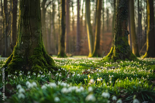 snowdrops in the spring forest, trees in moss