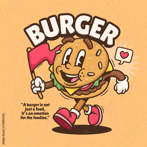 Burger Cute Trendy Retro Cartoon Vector Hand Drawn 3