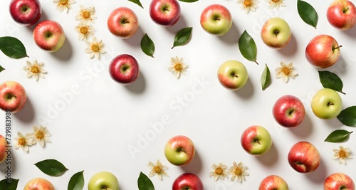 Apples frame on background. Top view of fresh apples on a background with place for banner text. Heap of fresh and ripe apples. Space for text