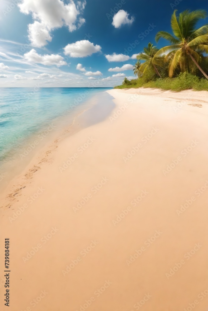 Background of tropical beach, blue sea and white clouds with sun glare. Summer holidays and rest and relaxation concept