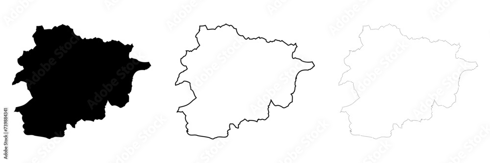 Andorra country silhouette. Set of 3 high detailed maps. Solid black silhouette, thick black outline and thin black outline. Vector illustration isolated on white background.