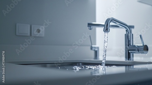 kitchen, dishwashing sink, stainless steel tap, water flow, wall, white background, soft, close-up, real, Sony FE, UHD, high quality 