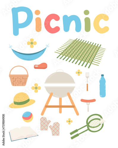 Food and items for summer or spring picnic. Flat vector. Set for picnic day