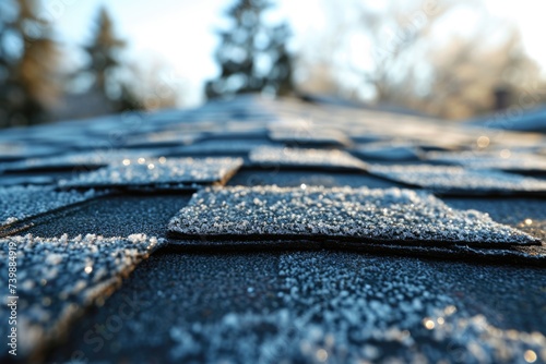 Frost-Covered Asphalt Roofing Shingles: A Cold Winter Close-Up © AIGen