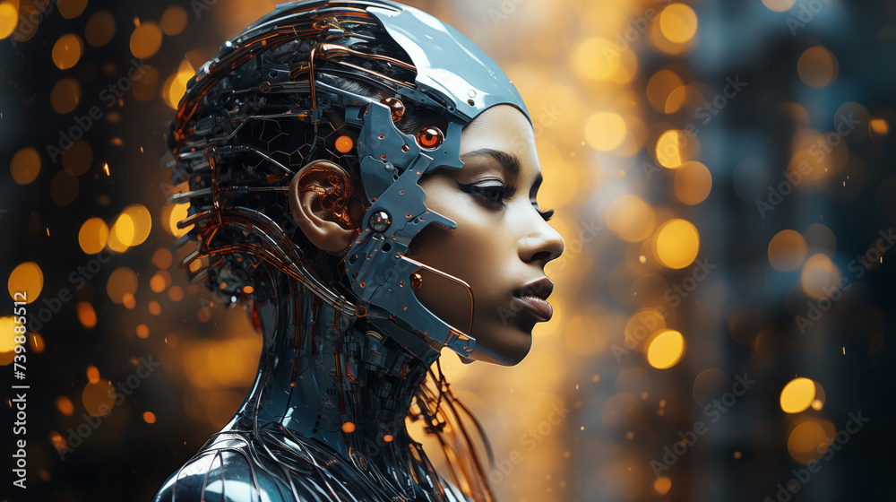 Elegant african american female android gazes forward portrait image. Gold bokeh photography shot. High-tech closeup picture realistic. Electronics artificial intelligence concept photo