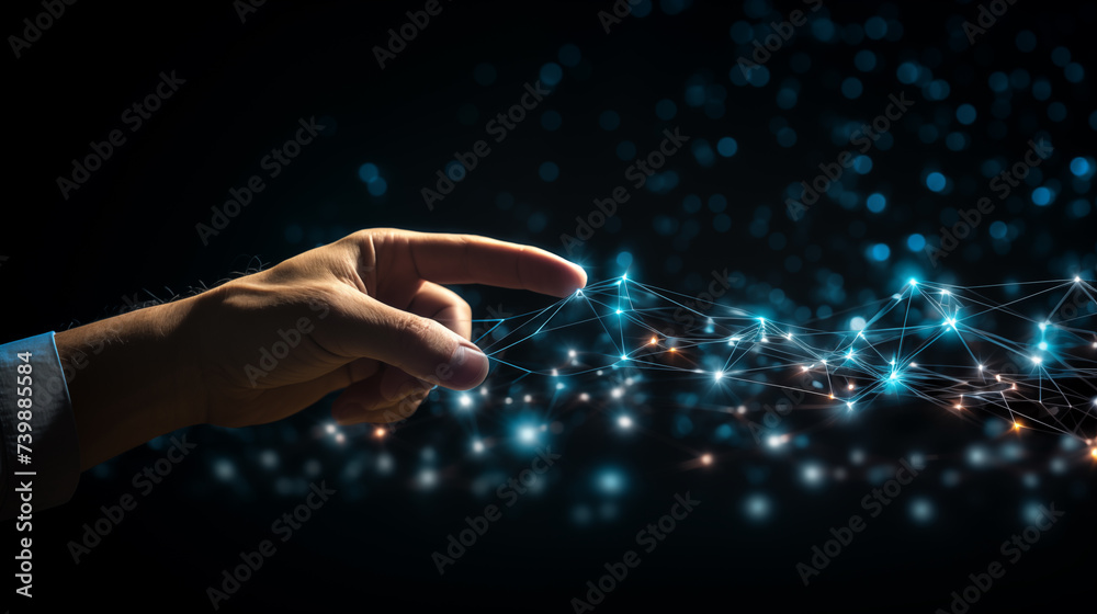 Human hand gesturing towards glowing digital network image background. Advanced technology close up picture. Network management closeup photo backdrop. High-tech AI concept photography