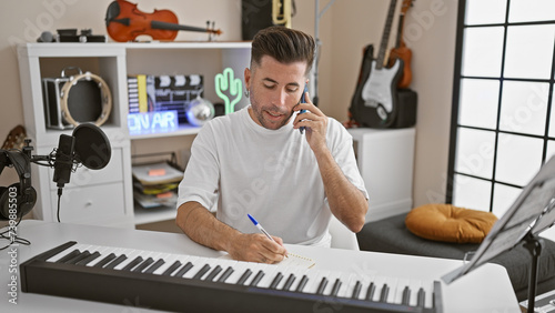 Young hispanic male muso, pianist, in his element, writing notes in a notebook, engaged in a serious phone conversation inside a buzzing music studio photo