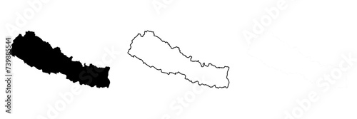 Nepal country silhouette. Set of 3 high detailed maps. Solid black silhouette, thick black outline and thin black outline. Vector illustration isolated on white background.