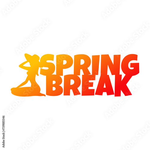 Logo vacaciones de primavera. Mensaje SPRING BREAK con silueta de mujer con sombrero que se sienta de rodillas en la playa o piscina