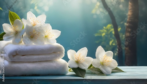spa still life with white towels and orchid flowers on blue wooden table in tropical hotel forest