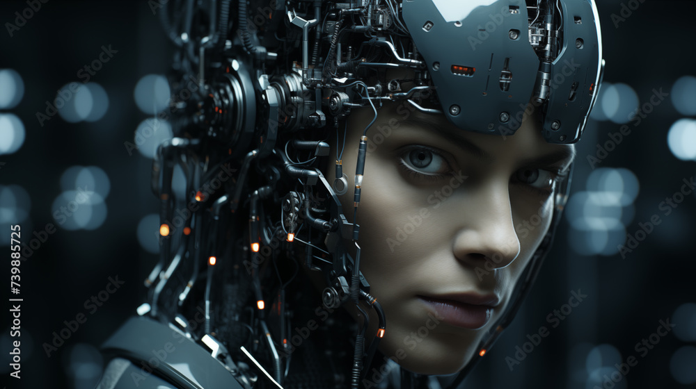 Intense close-up female android with exposed mechanical parts portrait image. Cybernetic engineering photography shot. Cyborg woman closeup picture. Artificial intelligence concept photo