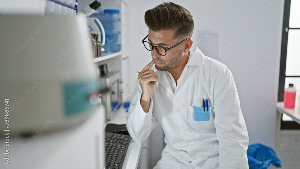 Handsome young hispanic man, a serious scientist at work, thinking hard over computer analysis in a high-tech lab, fully immersed in the fascinating world of medical research. Handsome young hispanic man, a serious scientist at work, thinking hard over computer analysis in a high-tech lab, fully immersed in the fascinating world of medical research.