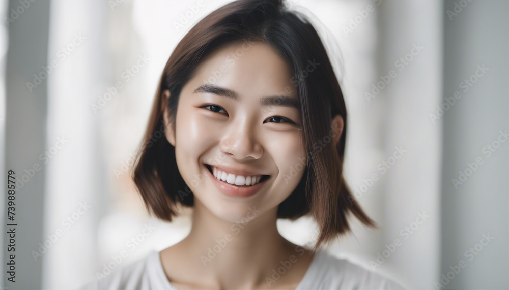 Portrait of an Asian young woman with a happy and sincere smile, isolated white background. copy space for text
