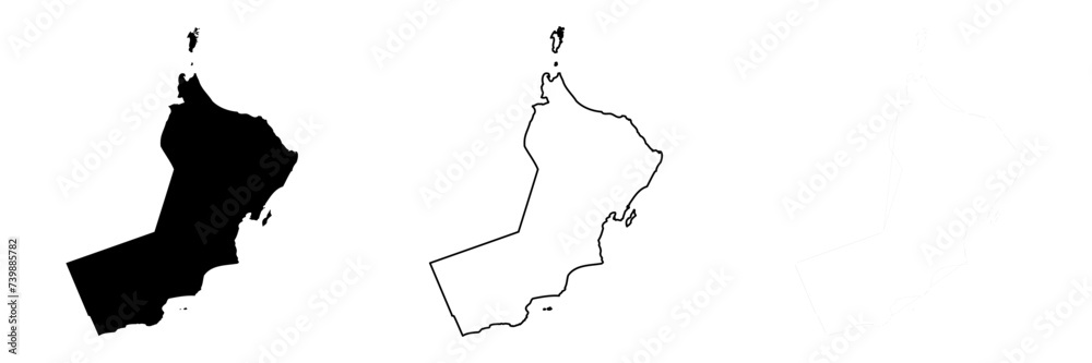 Oman country silhouette. Set of 3 high detailed maps. Solid black silhouette, thick black outline and thin black outline. Vector illustration isolated on white background. - obrazy, fototapety, plakaty 