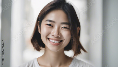 Portrait of an Asian young woman with a happy and sincere smile, isolated white background. copy space for text  © abu