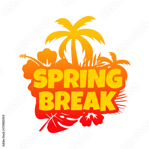 Logo vacaciones de primavera. Mensaje SPRING BREAK con silueta de plantas tropicales