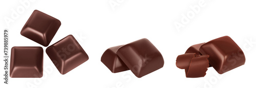 Set of Dark broken chocolate bars, isolated on transparent background