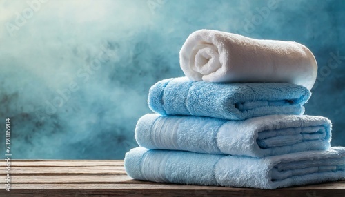 Blue and white spa towels on wooden table in blue foggy background
