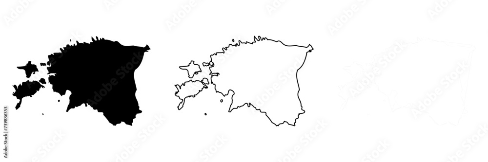 Estonia country silhouette. Set of 3 high detailed maps. Solid black silhouette, thick black outline and thin black outline. Vector illustration isolated on white background.
