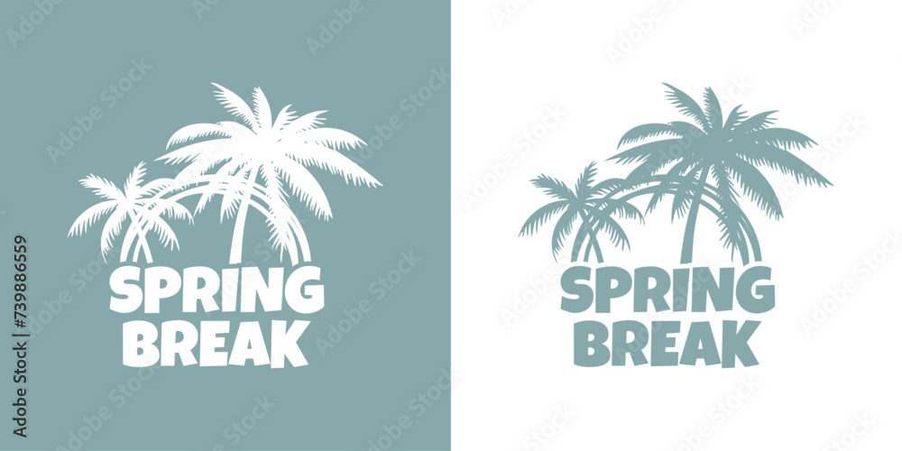 Logo vacaciones de primavera. Mensaje SPRING BREAK con marco circular con líneas con silueta de la palma