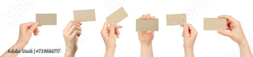 Set of Women Hands, which holding gray blank business card, isolated on transparent background