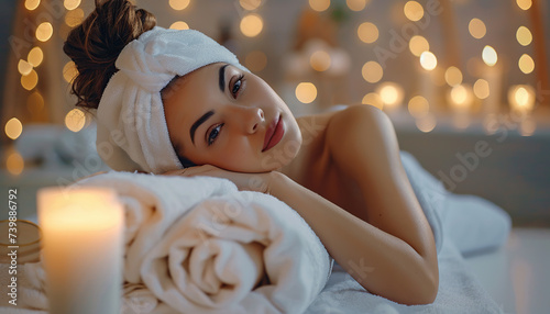 Portrait of young woman at spa. Massage and relax concept. Beauty treatment. 