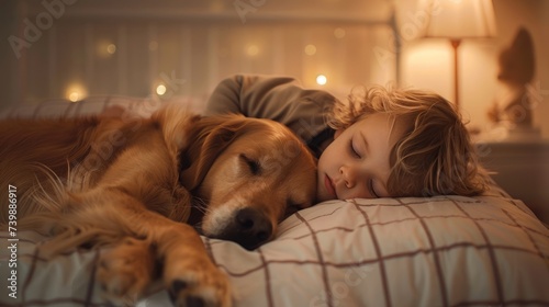 Small child lies in bed with a dog, sleeps, reads a book. Family member animal concept. Taking care of pets. Advertising background.