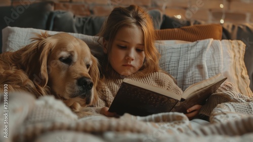 Small child lies in bed with a dog, sleeps, reads a book. Family member animal concept. Taking care of pets. Advertising background.