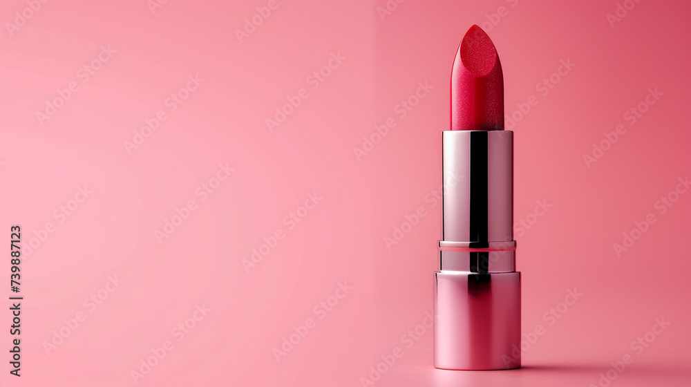 A vibrant red lipstick on a soft pink background, with ample copy space. The lipstick is slightly twisted up, showing its rich color. 4K, A vibrant red lipstick on a soft pink background, with ample copy space. The lipstick is slightly twisted up, showing its rich color. 4K,