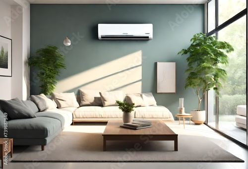 Energy efficient air conditioner with fresh natural in a modern living room. Generative AI