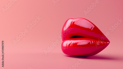 A vibrant red lipstick on a soft pink background, with ample copy space. The lipstick is slightly twisted up, showing its rich color. 4K, photo