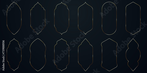Thin elegant golden Islamic frame set. Arab gold luxury windows. Arab modern thin portals or doors. Gold decoration ornaments elements. Premium Arabian frames on dark background. Vector illustration.