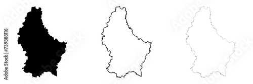 Luxembourg country silhouette. Set of 3 high detailed maps. Solid black silhouette, thick black outline and thin black outline. Vector illustration isolated on white background.