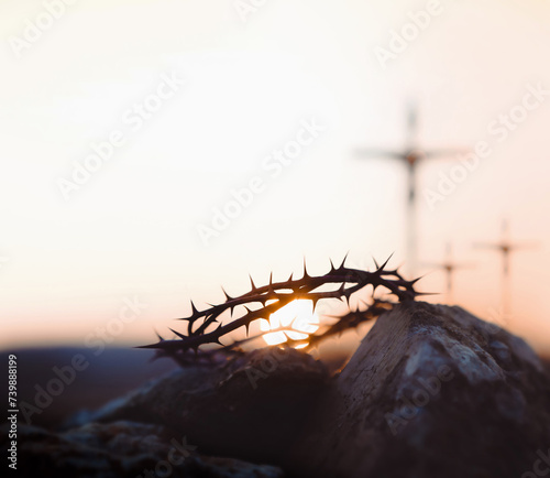 Photography Calvary, Golgotha Hill, Jesus Christ's cross and crown of thorns, Jesus' passion