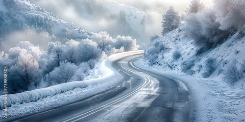 Frosty road winding through snowy mountains in winter picturesque landscape scene. Concept Winter Photography, Snowy Mountains, Frosty Road, Nature Scenes, Winter Landscapes © Ян Заболотний