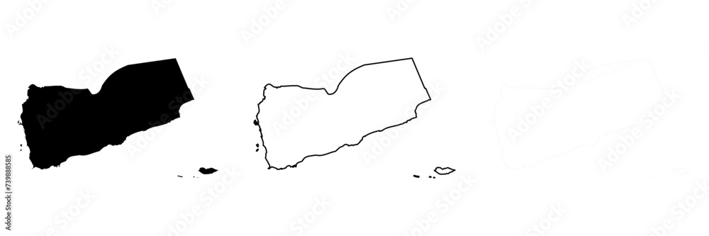 Yemen country silhouette. Set of 3 high detailed maps. Solid black silhouette, thick black outline and thin black outline. Vector illustration isolated on white background. Yemen country silhouette. Set of 3 high detailed maps. Solid black silhouette, thick black outline and thin black outline. Vector illustration isolated on white background.