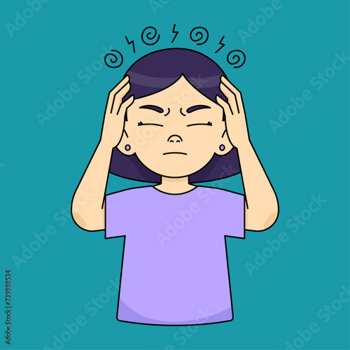 Girl holding hands on head, suffering from headache, desperate and stressed due to pain and migraine