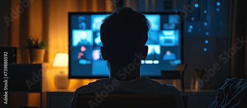 A man engages in illicit activities on a computer in a dimly lit room as he observes the screen of a flat screen TV.