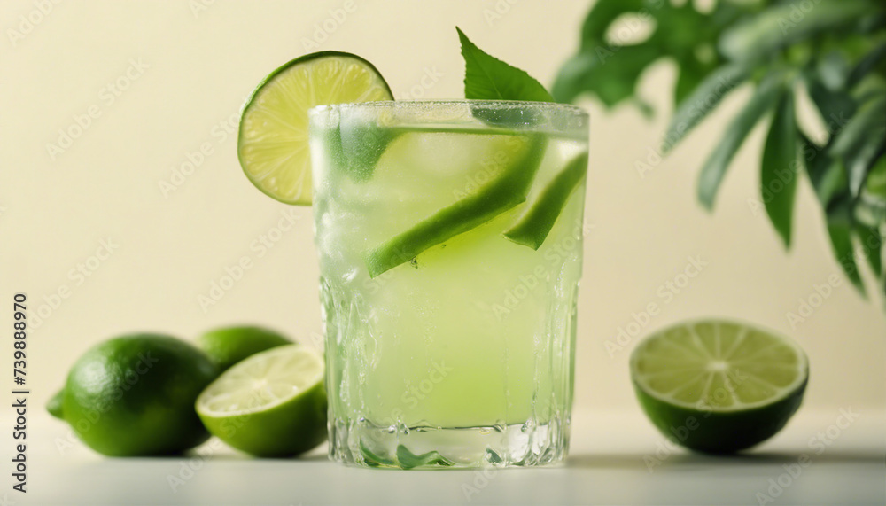 cold lime drink with lime and sliced lime, isolated light background with decorative leaves, copy space for text
cold lime drink with lime and sliced lime, isolated light background with decorative leaves, copy space for text