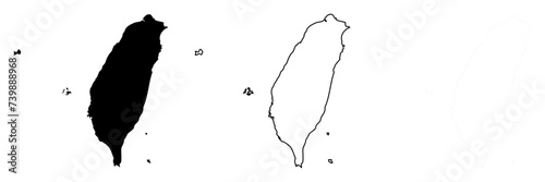 Taiwan country silhouette. Set of 3 high detailed maps. Solid black silhouette, thick black outline and thin black outline. Vector illustration isolated on white background.