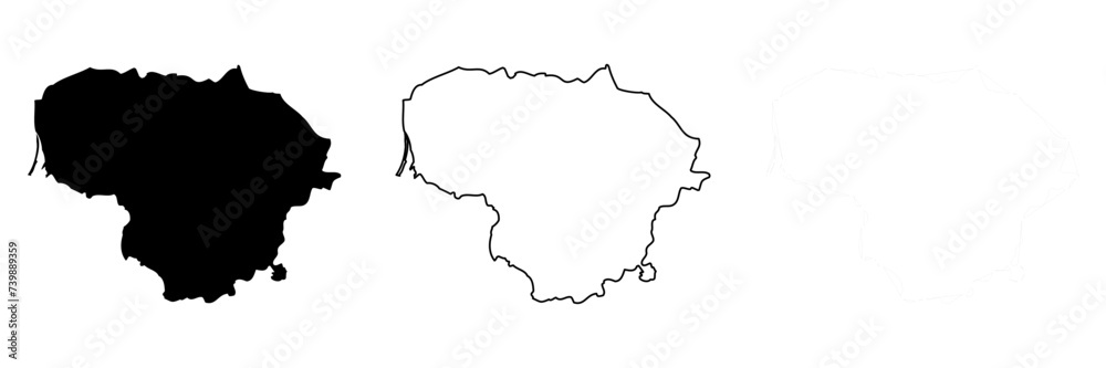 Lithuania country silhouette. Set of 3 high detailed maps. Solid black silhouette, thick black outline and thin black outline. Vector illustration isolated on white background.
