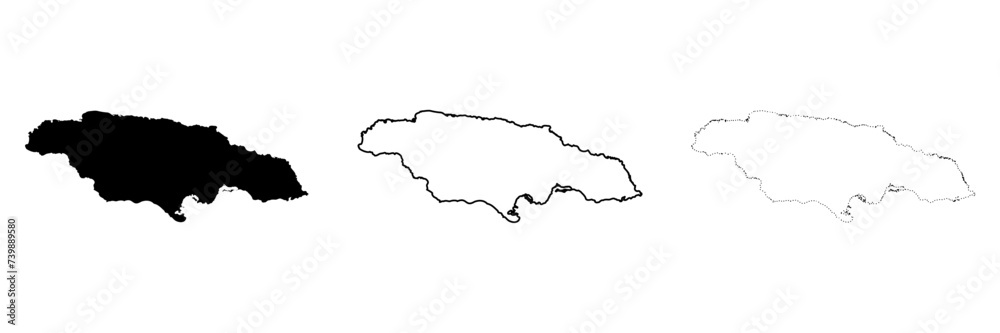 Jamaica country silhouette. Set of 3 high detailed maps. Solid black silhouette, thick black outline and thin black outline. Vector illustration isolated on white background.