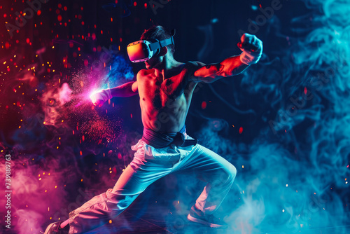 A mesmerizing blend of technology and movement as a man immersed in virtual reality battles against wispy tendrils of smoke at an electrifying concert performance