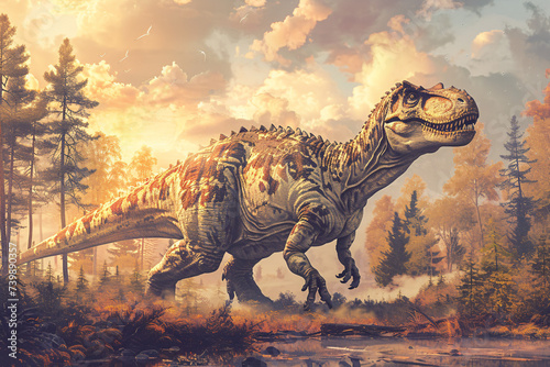 Tyrannosaurus Rex roaring in a forest landscape at sunset © alexandr