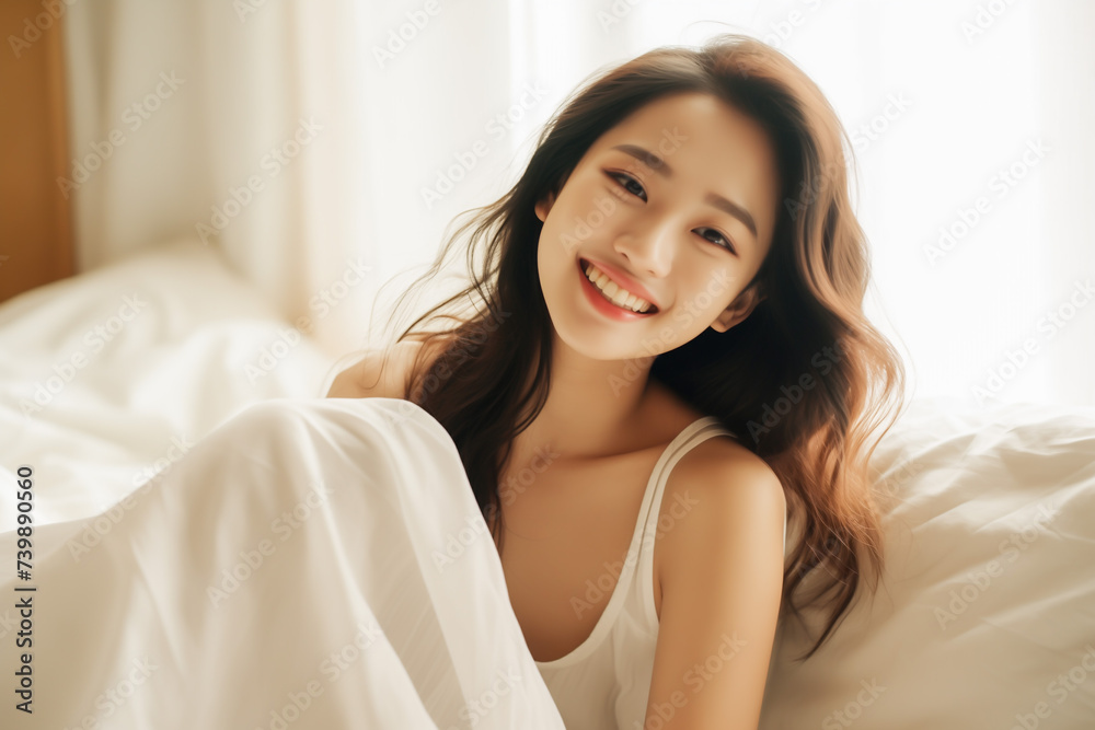 Young happy asian woman sitting in bed in the morning Young happy asian woman sitting in bed in the morning